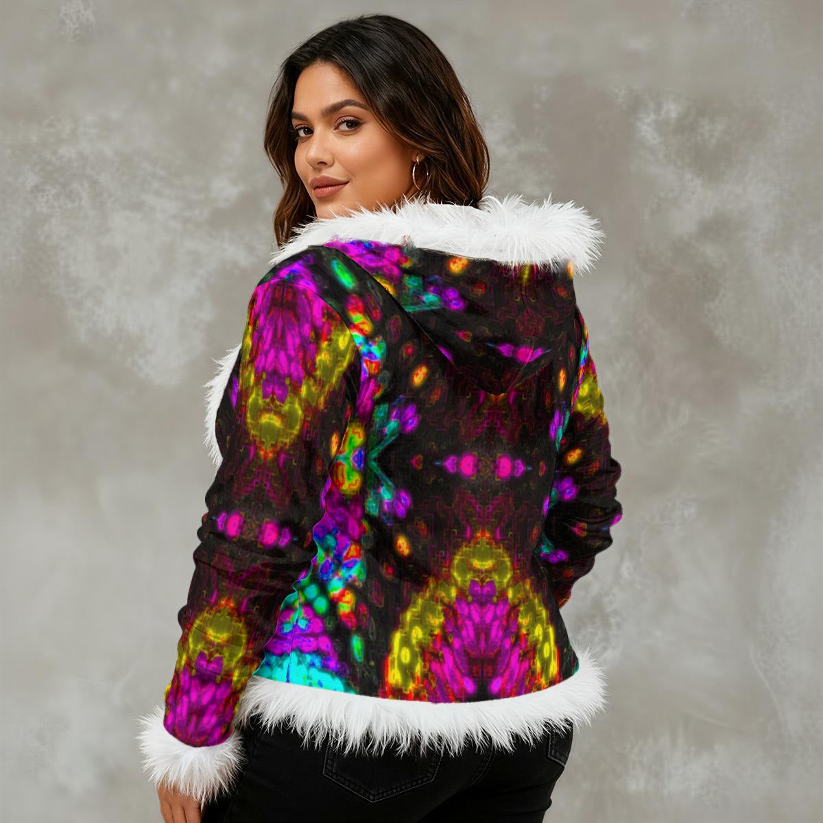 Color High Velvet Art Print — Women's Faux-Fur-Trim Hooded Jacket - Color High Hooded Jacket